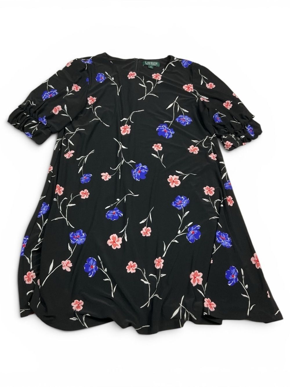 Lauren Ralph Lauren Black Floral Shift Dress Flowy Botanical Workwear Zip Up 12